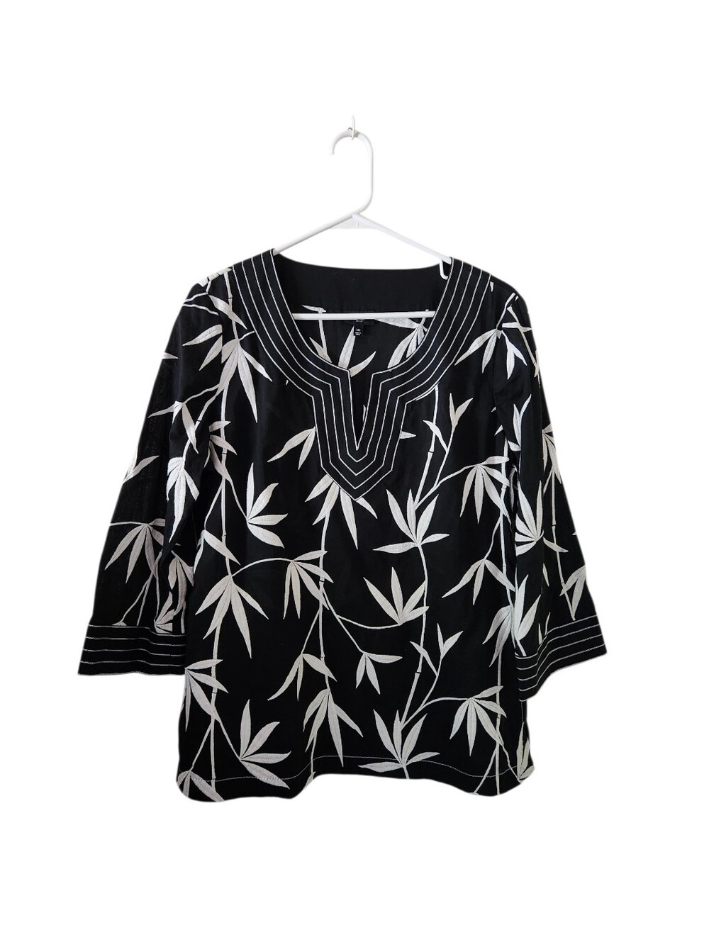 Talbots Black Bamboo Print Embroidered Tunic Top